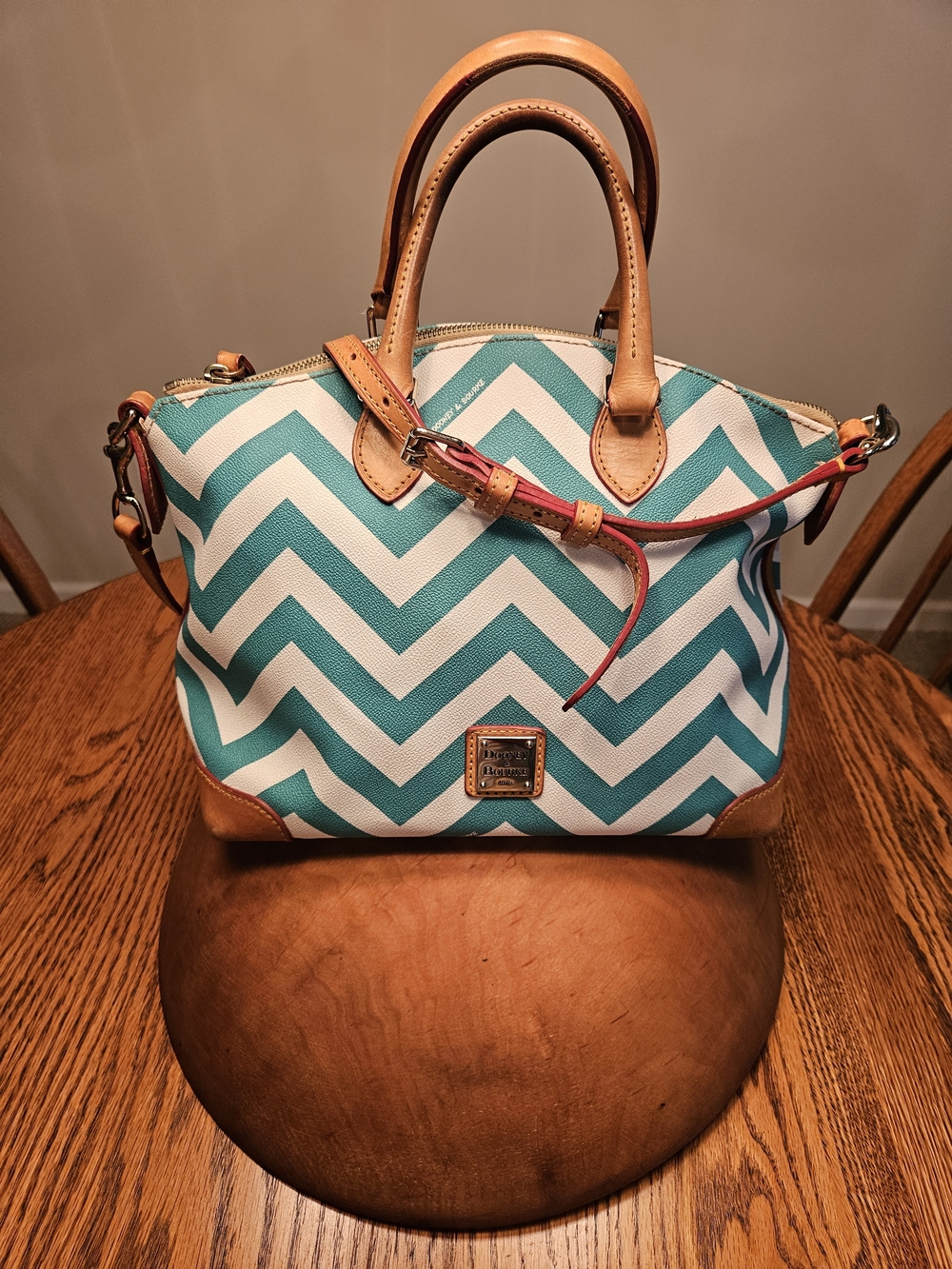 Dooney & Bourke Teal Chevron Satchel with Tan Leather Trim